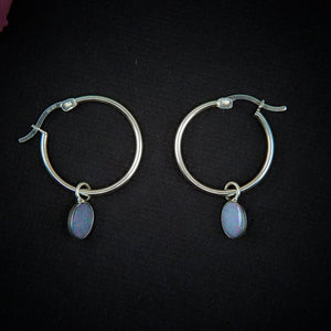 Australian Opal Earrings - Sterling Silver - Rainbow Opal Hoop Earrings - Blue Opal Sleeper Earrings, Coober Pedy Opal Hoops, Opal Sleepers