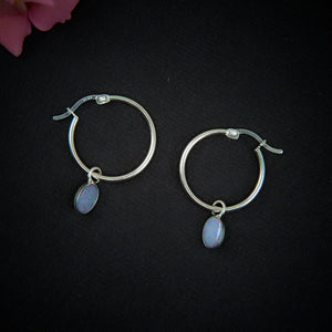 Australian Opal Earrings - Sterling Silver - Rainbow Opal Hoop Earrings - Blue Opal Sleeper Earrings, Coober Pedy Opal Hoops, Opal Sleepers