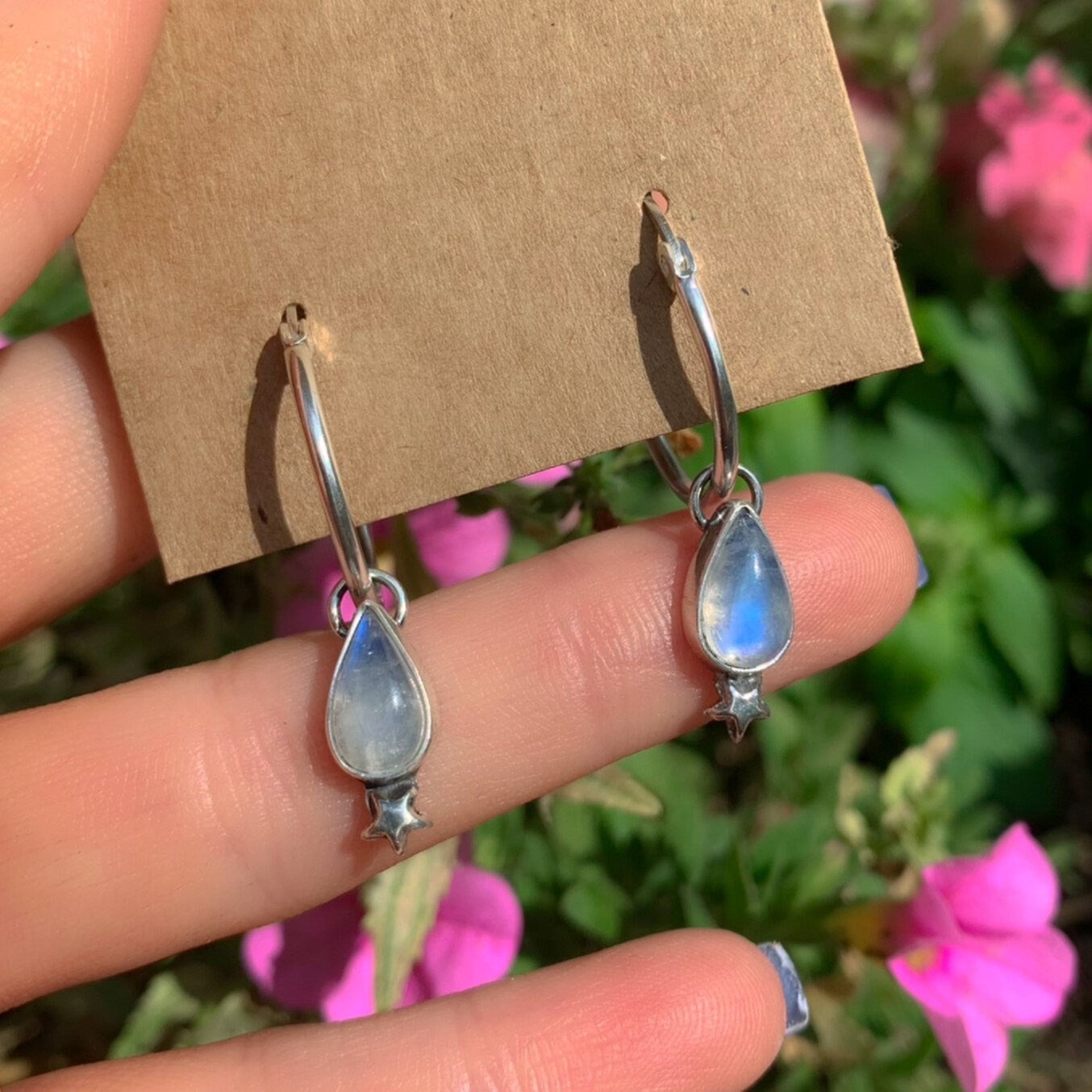 Moonstone Earrings - Sterling Silver - Moonstone Hoop Earrings - Moonstone Star Sleeper Earrings, Moonstone Hoops, Star Moonstone Sleepers
