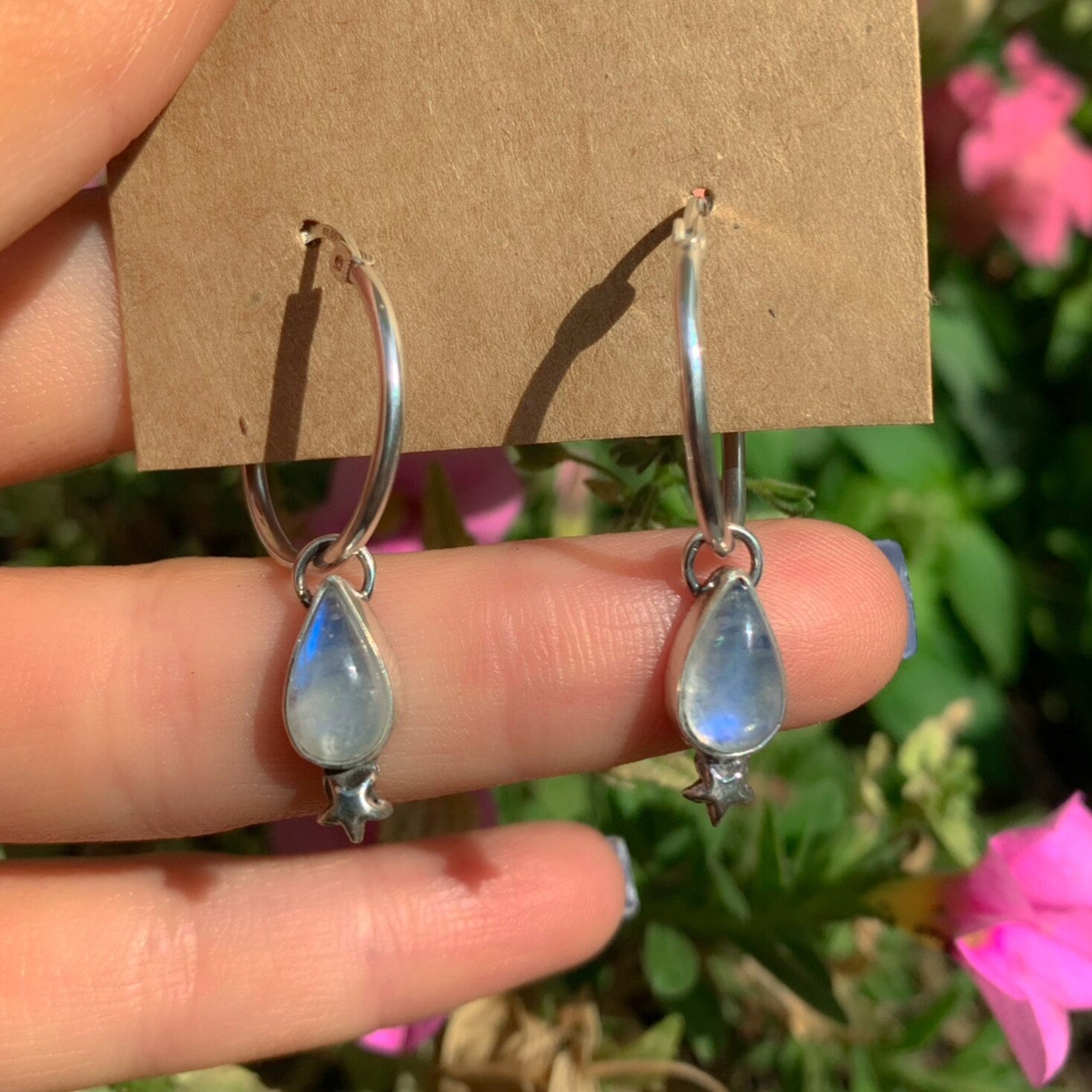 Moonstone Earrings - Sterling Silver - Moonstone Hoop Earrings - Moonstone Star Sleeper Earrings, Moonstone Hoops, Star Moonstone Sleepers