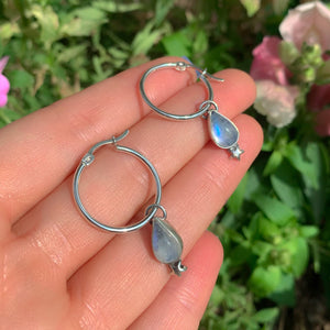 Moonstone Earrings - Sterling Silver - Moonstone Hoop Earrings - Moonstone Star Sleeper Earrings, Moonstone Hoops, Star Moonstone Sleepers