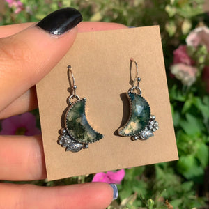 Moss Agate Moon Earrings - Sterling Silver - Green Moss Agate Earrings - Crescent Moon Moss Agate Dangles - Leaf Flower Hook Earrings OOAK