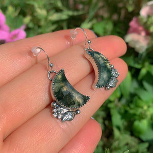 Moss Agate Moon Earrings - Sterling Silver - Green Moss Agate Earrings - Crescent Moon Moss Agate Dangles - Leaf Flower Hook Earrings OOAK