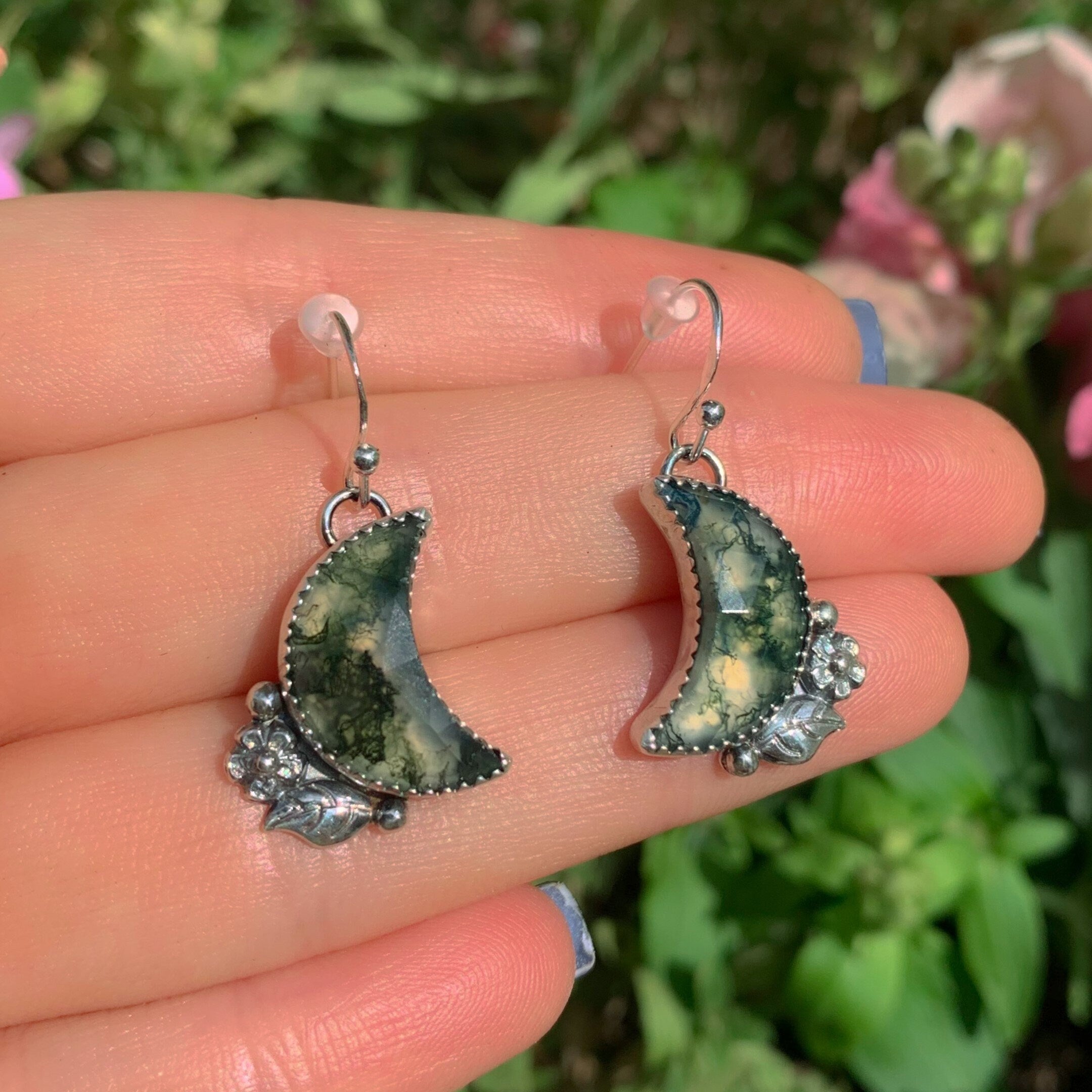 Moss Agate Moon Earrings - Sterling Silver - Green Moss Agate Earrings - Crescent Moon Moss Agate Dangles - Leaf Flower Hook Earrings OOAK