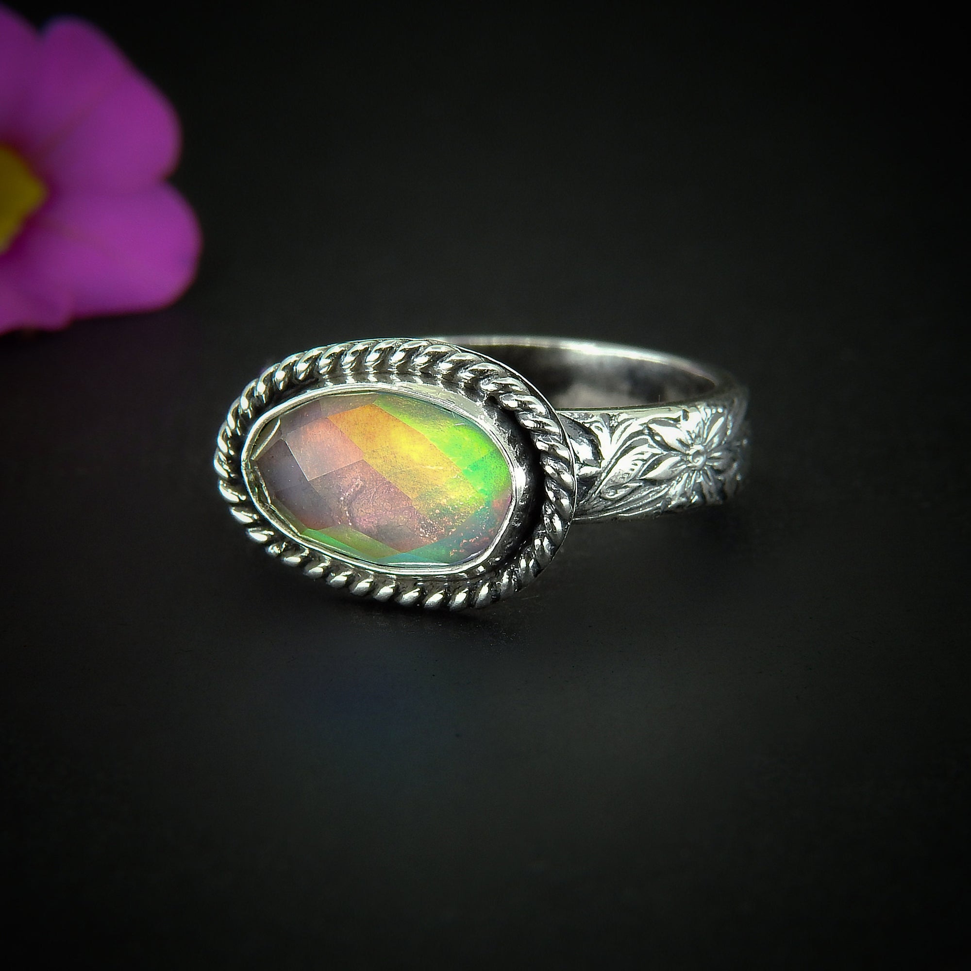 Rose Cut Clear Quartz & Aurora Opal Ring - Size 9 - Sterling Silver - Pastel Rainbow Opal Jewellery - Thick Floral Ring Band Rainbow Crystal