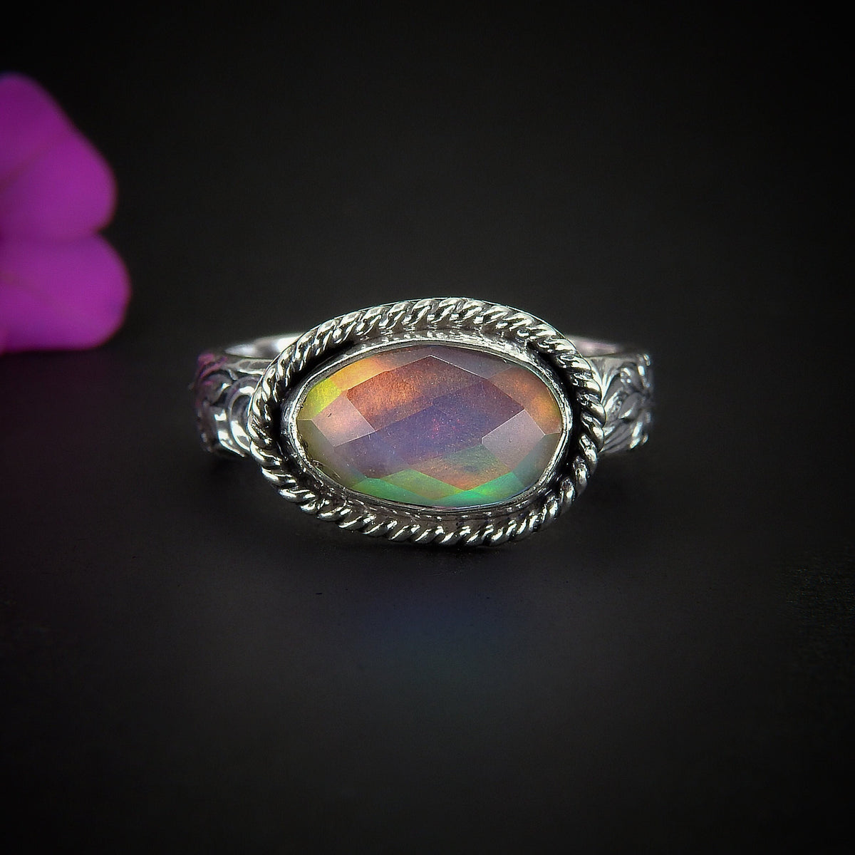 Rose Cut Clear Quartz & Aurora Opal Ring - Size 9 - Sterling Silver - Pastel Rainbow Opal Jewellery - Thick Floral Ring Band Rainbow Crystal