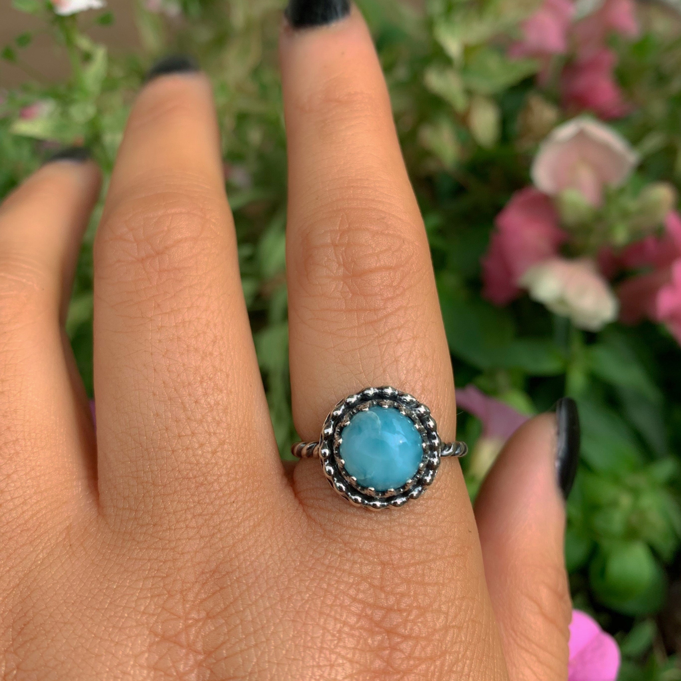 Larimar Ring - Size 7 - Sterling Silver - Blue Larimar Ring - Round Larimar Ring - Larimar Jewellery - Handcrafted Larimar Statement Ring