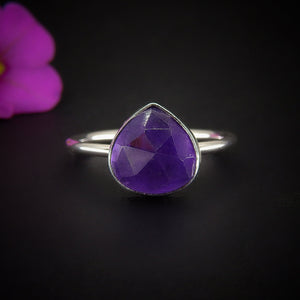 Rose Cut Amethyst Ring - Size 8 - Sterling Silver - Teardrop Amethyst Statement Ring - Purple Amethyst Jewellery. Pear Cut Amethyst Jewelry