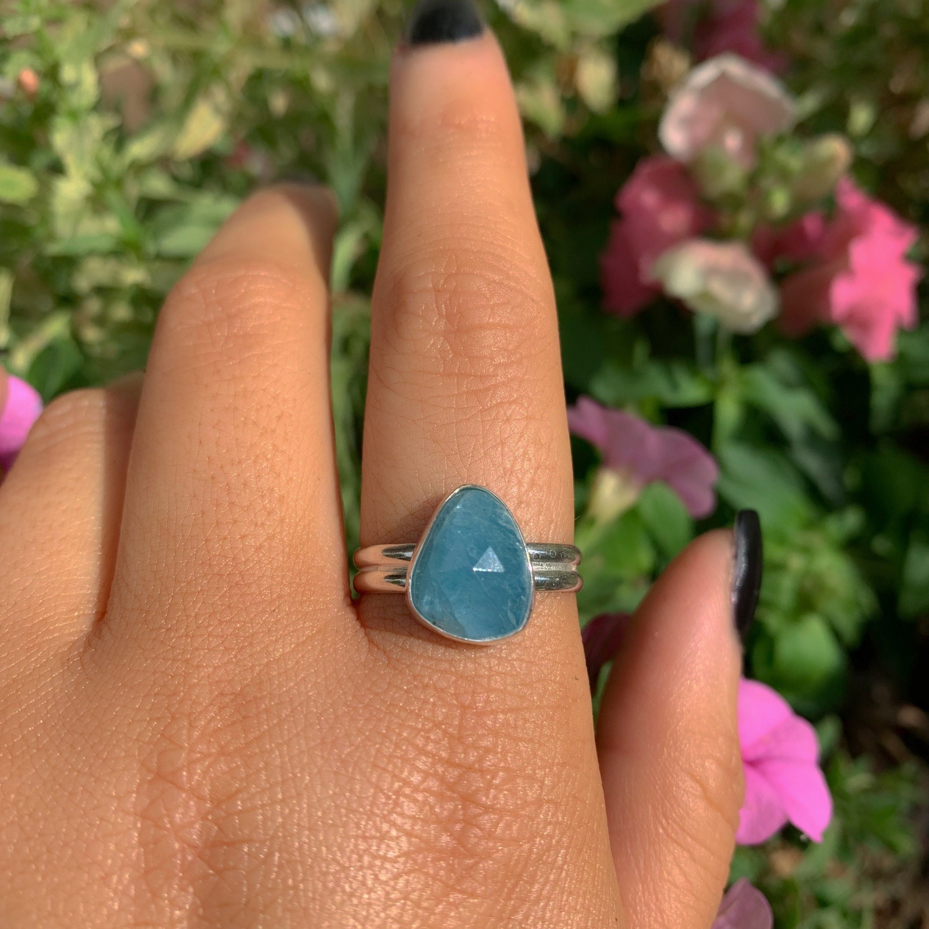 Rose Cut Aquamarine Ring - Size 9 - Sterling Silver - Aquamarine Jewellery - Blue Aquamarine Ring - Unique Aquamarine Statement Ring OOAK