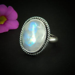 Moonstone Ring - Size 6 3/4 - Sterling Silver - Rainbow Moonstone Statement Ring - Blue Flash Moonstone Jewellery, Large Moonstone Ring OOAK