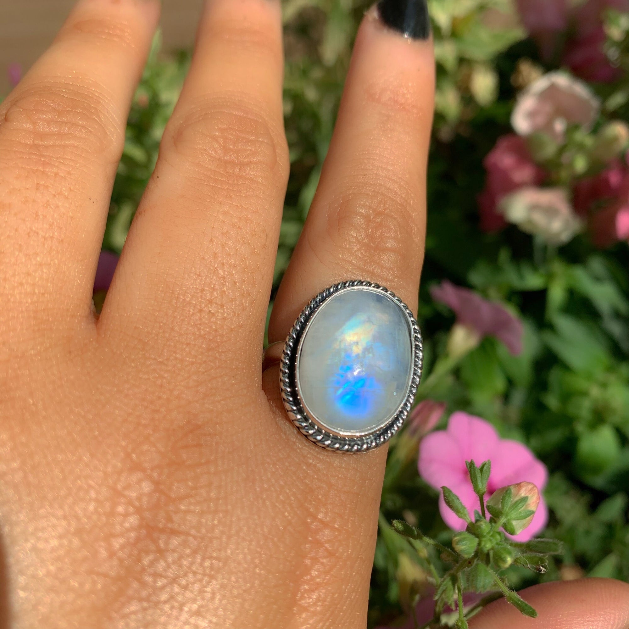 Moonstone Ring - Size 6 3/4 - Sterling Silver - Rainbow Moonstone Statement Ring - Blue Flash Moonstone Jewellery, Large Moonstone Ring OOAK