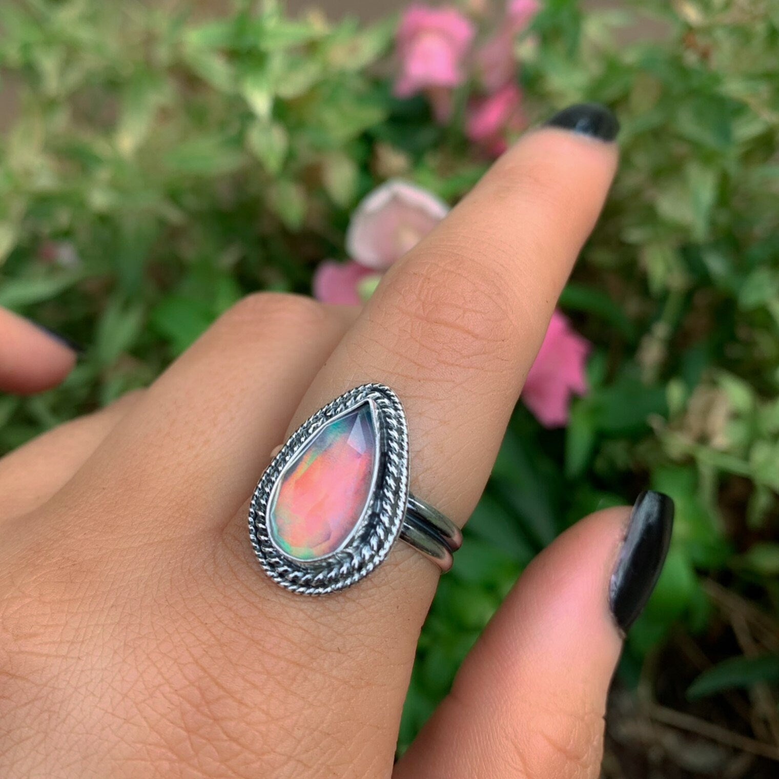 Rose Cut Clear Quartz & Aurora Opal Ring - Size 8 1/2 to 8 3/4 - Sterling Silver - Pastel Rainbow Opal Jewellery - Teardrop Rainbow Crystal