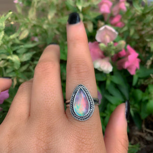 Rose Cut Clear Quartz & Aurora Opal Ring - Size 8 1/2 to 8 3/4 - Sterling Silver - Pastel Rainbow Opal Jewellery - Teardrop Rainbow Crystal