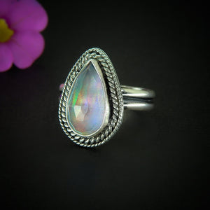 Rose Cut Clear Quartz & Aurora Opal Ring - Size 8 1/2 to 8 3/4 - Sterling Silver - Pastel Rainbow Opal Jewellery - Teardrop Rainbow Crystal