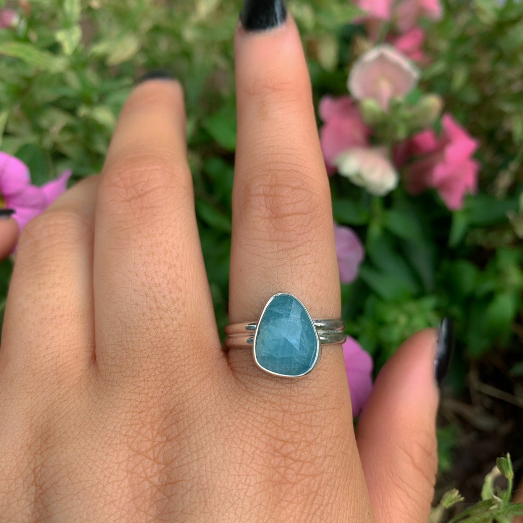 Rose Cut Aquamarine Ring - Size 10 1/4 - Sterling Silver - Aquamarine Jewellery - Blue Aquamarine Ring - Unique Aquamarine Statement Ring