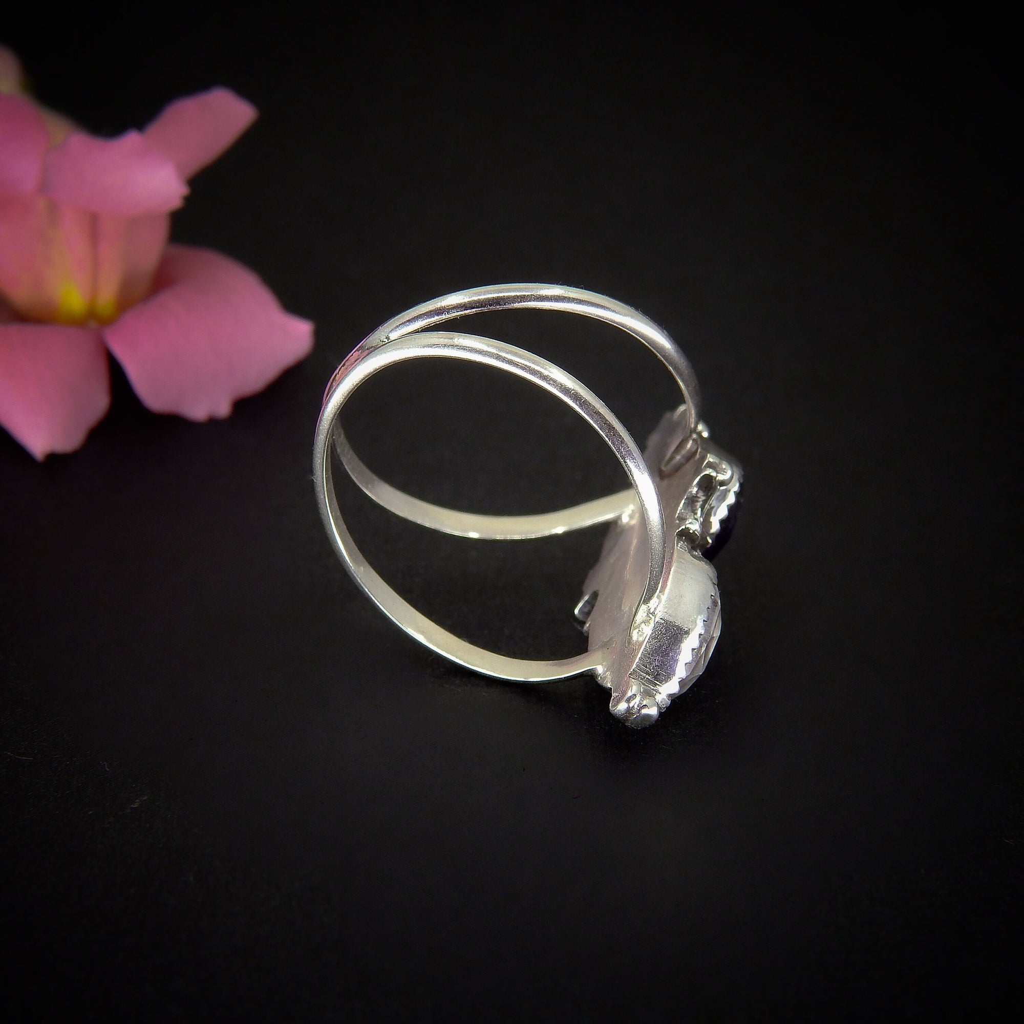 Rose Cut Amethyst & Angel Aura Quartz Ring - Size 10 1/4 - Sterling Silver - Amethyst Ring - Moon Ring - Star Jewellery - Faceted Amethyst