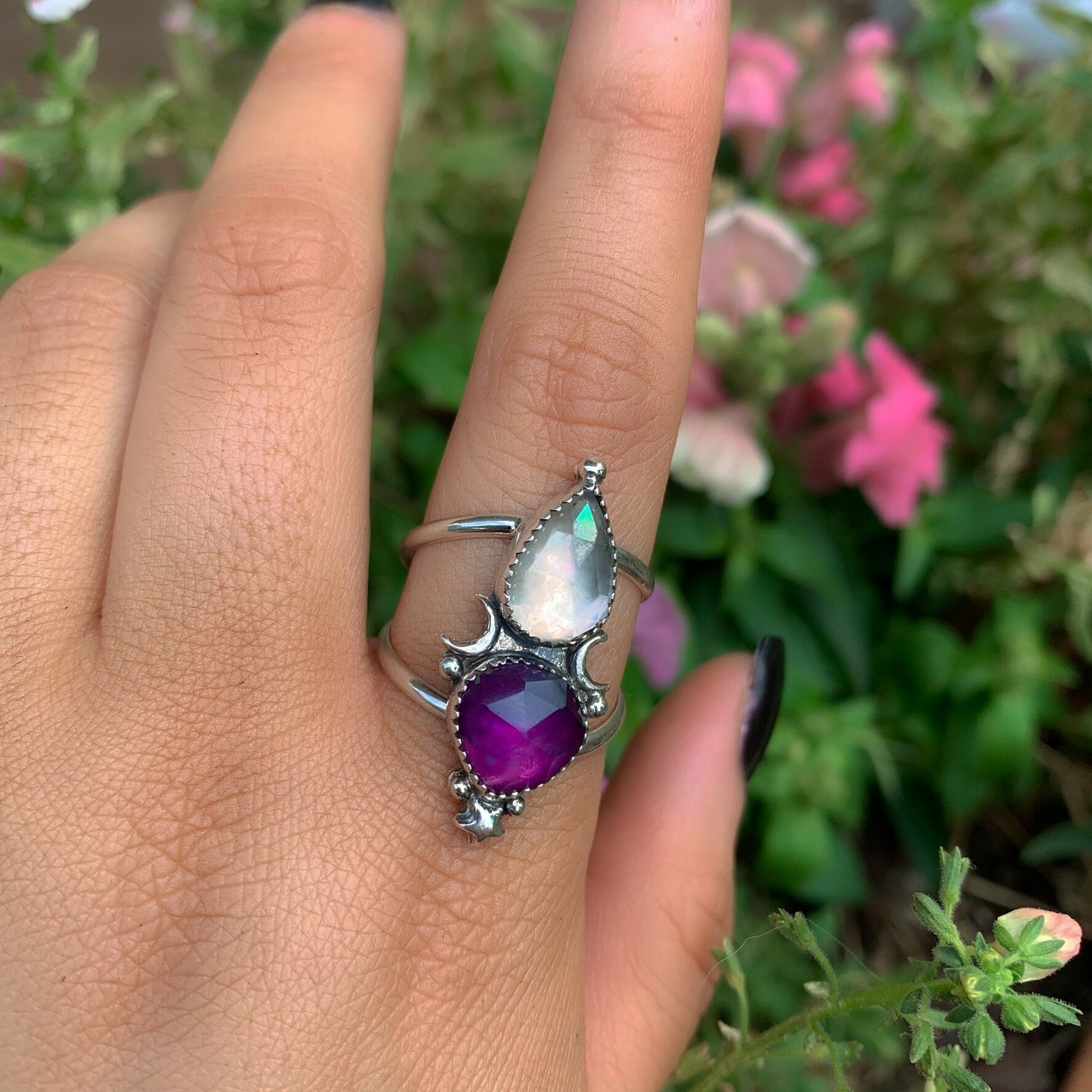 Rose Cut Amethyst & Angel Aura Quartz Ring - Size 10 1/4 - Sterling Silver - Amethyst Ring - Moon Ring - Star Jewellery - Faceted Amethyst