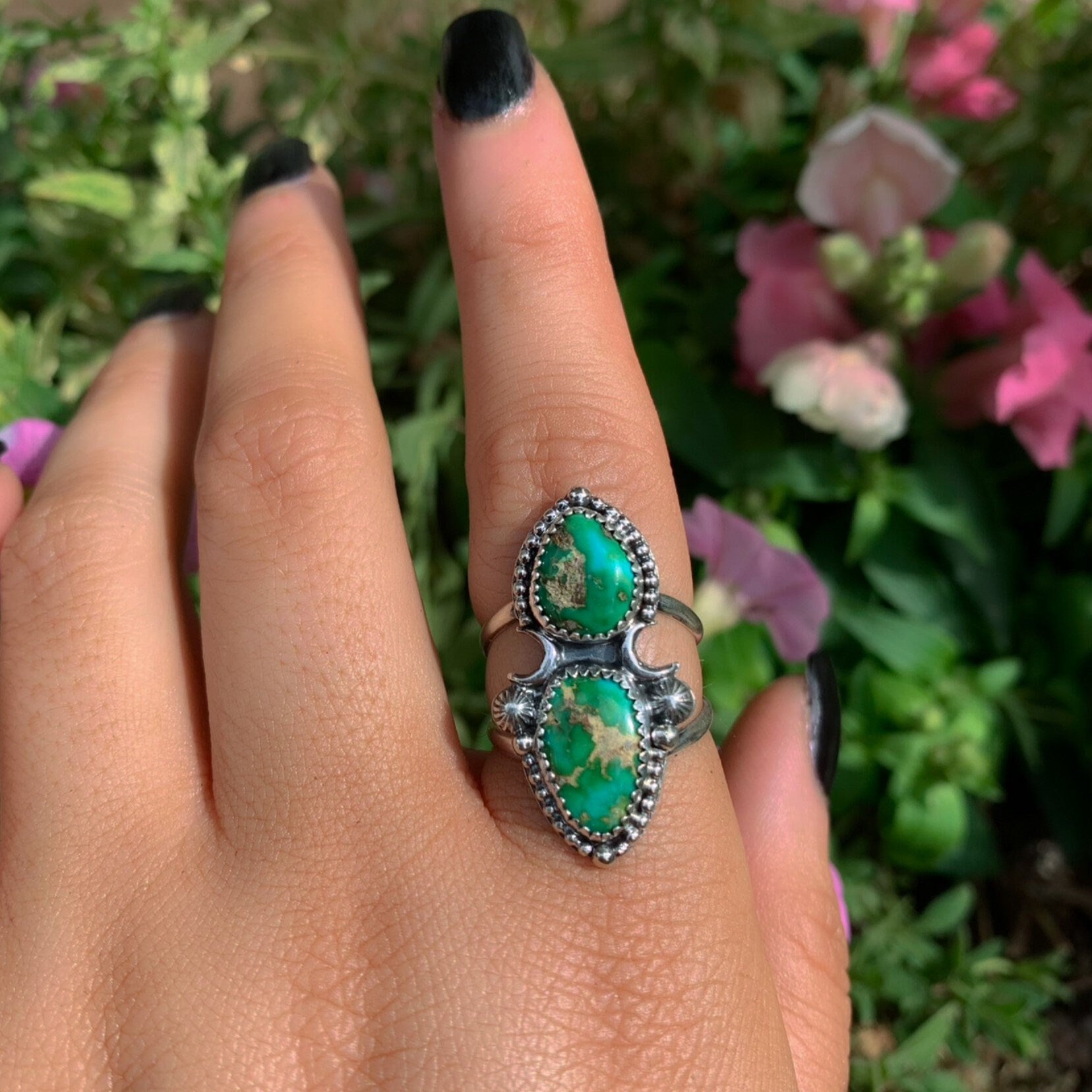 Sonoran Gold Turquoise Ring - Size 7 1/2 - Sterling Silver - Green Turquoise Jewellery - Aqua Turquoise Jewelry - Double Turquoise Ring