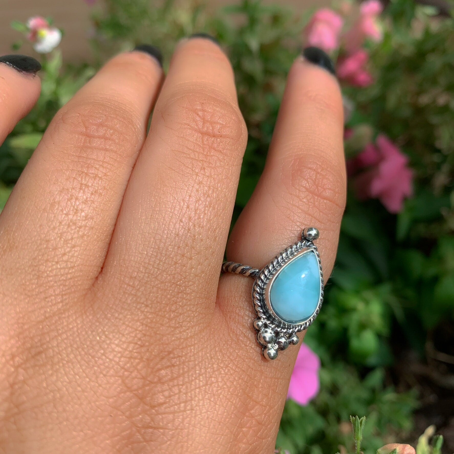 Larimar Ring - Size 6 - Sterling Silver - Blue Larimar Ring - Teardrop Larimar Ring - Larimar Jewellery - Handcrafted Larimar Statement Ring