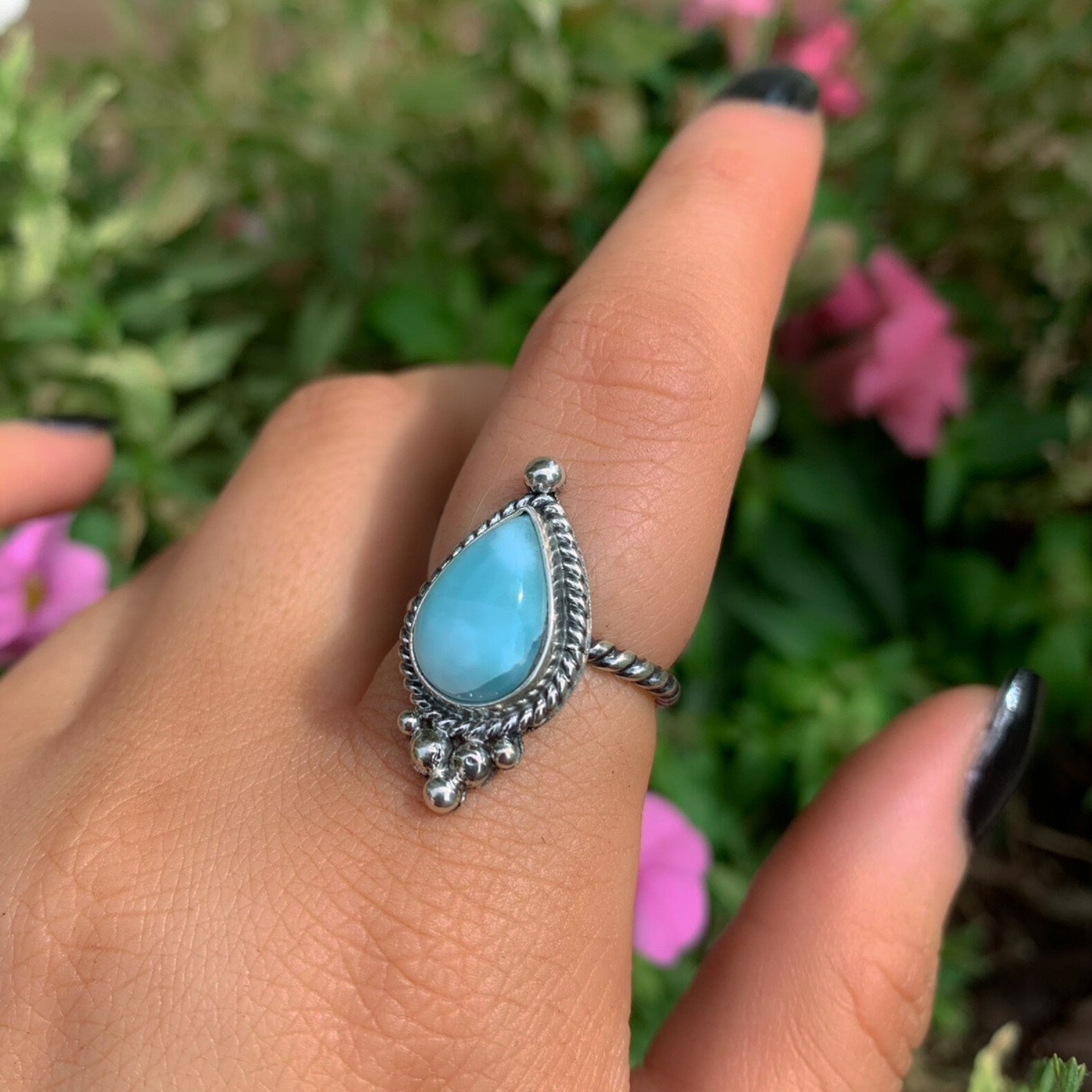 Larimar Ring - Size 6 - Sterling Silver - Blue Larimar Ring - Teardrop Larimar Ring - Larimar Jewellery - Handcrafted Larimar Statement Ring