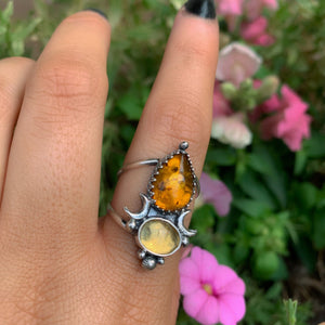 Rose Cut Citrine & Baltic Amber Ring - Size 9 1/2 - Sterling Silver - Citrine Ring - Moon Ring - Faceted Citrine Jewellery - Amber Jewelry