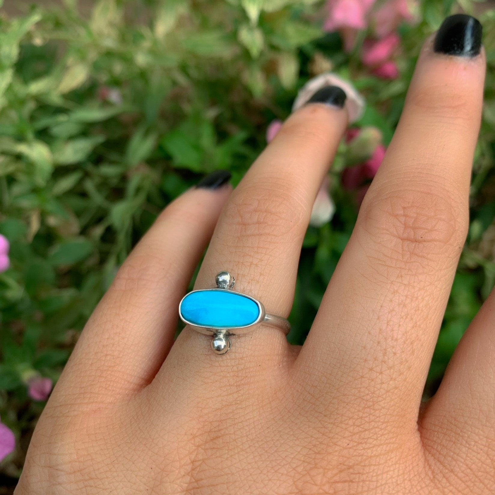 Sleeping Beauty Turquoise Ring - Size 6 1/4 - Sterling Silver - Light Blue Turquoise Jewellery - Dainty Turquoise Ring, Horizontal Oval Ring