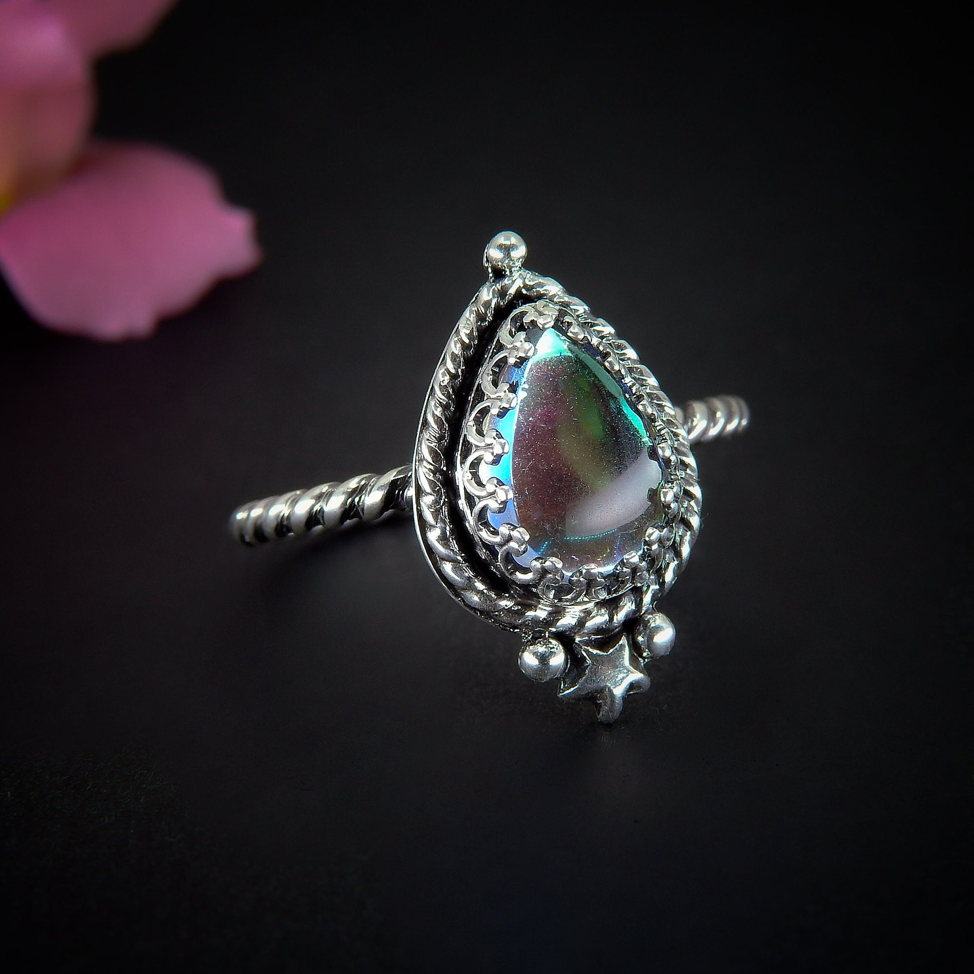 Angel Aura Quartz Ring - Size 11 - Sterling Silver - Angel Aura Quartz Star Ring - Teardrop Aura Quartz Jewellery Ring - Rainbow Crystal