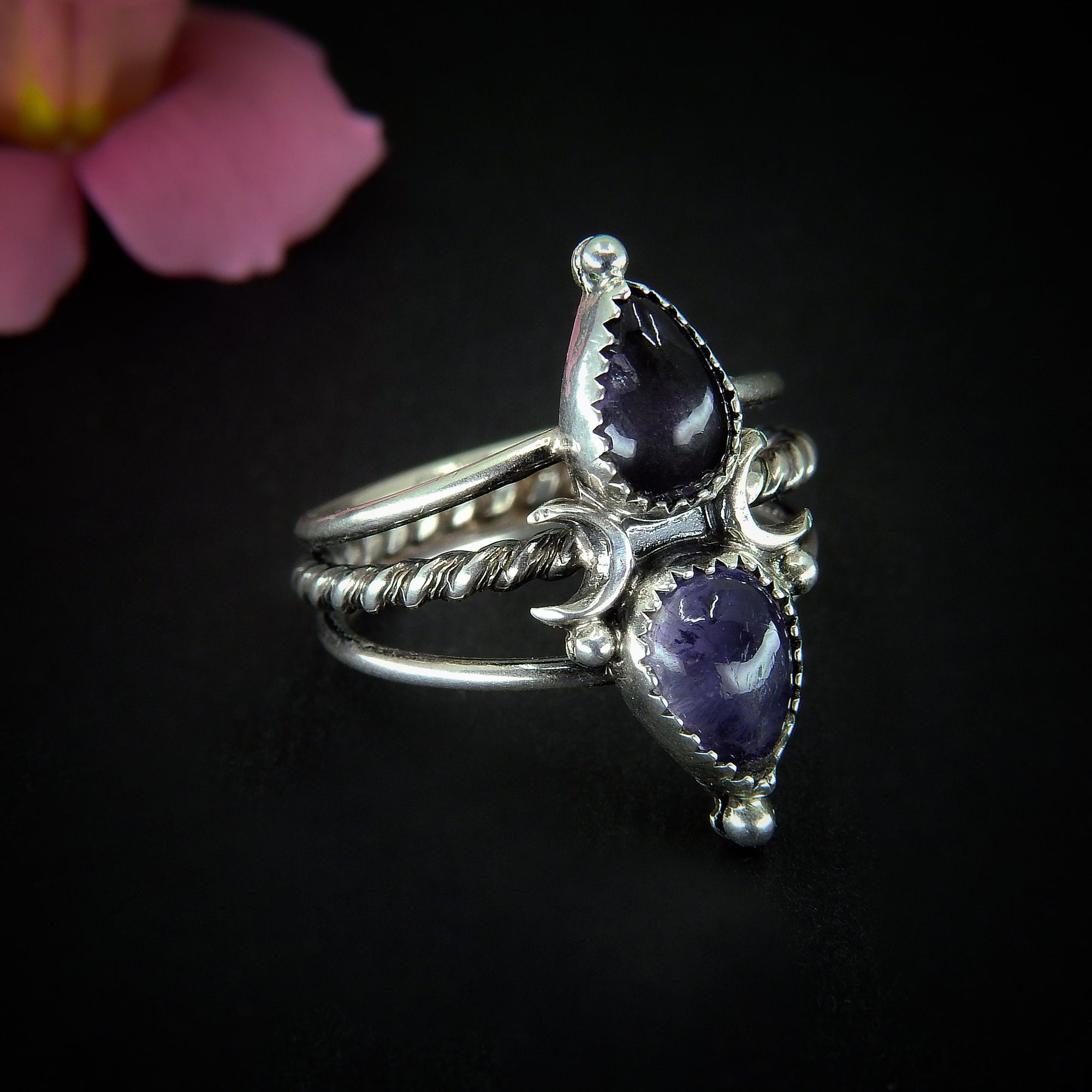 Iolite Ring - Size 8 to 8 1/4 - Sterling Silver - Double Iolite Moon Ring - Iolite Jewellery - Crescent Moon Double Stone Ring - Triple Band