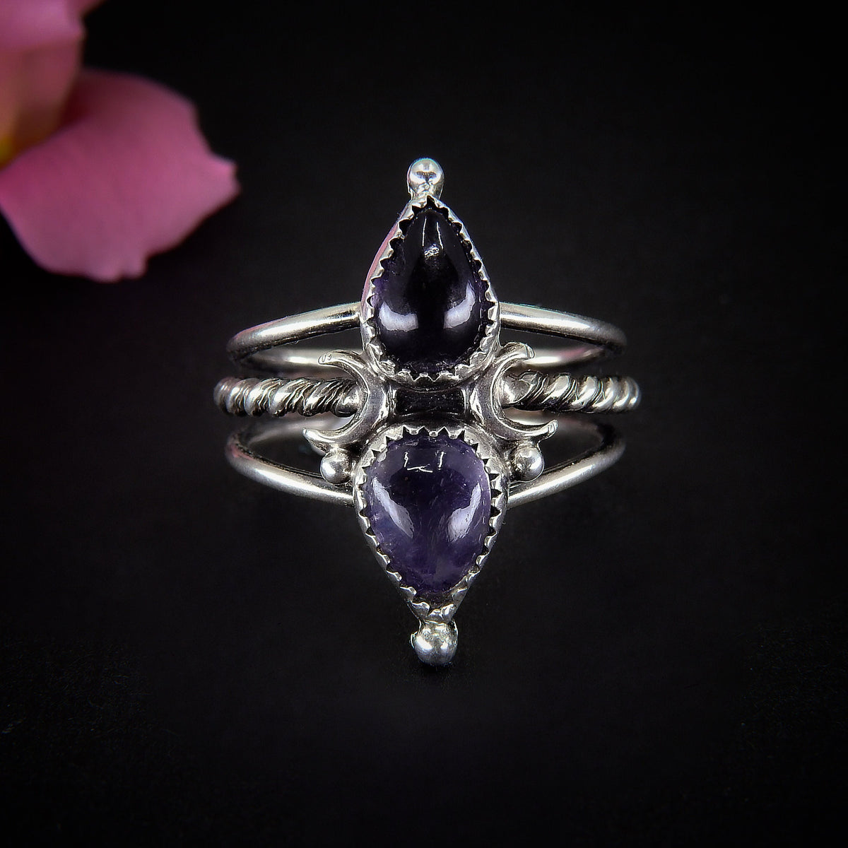 Iolite Ring - Size 8 to 8 1/4 - Sterling Silver - Double Iolite Moon Ring - Iolite Jewellery - Crescent Moon Double Stone Ring - Triple Band