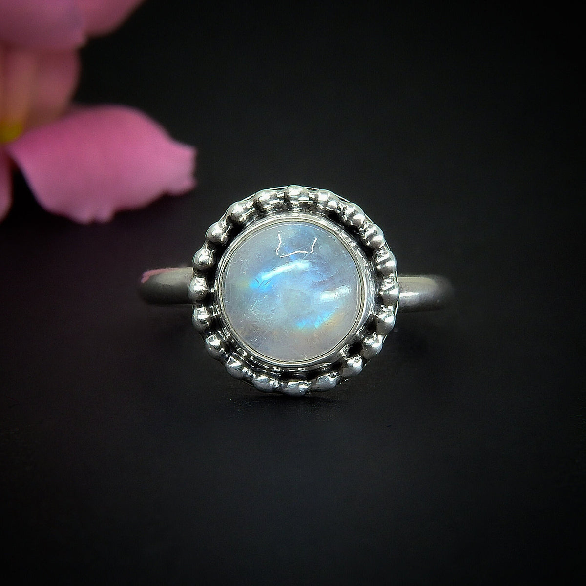 Moonstone Ring - Size 8 - Sterling Silver - Rainbow Moonstone Statement Ring - Blue Flash Moonstone Jewellery, Round Moonstone Ring OOAK