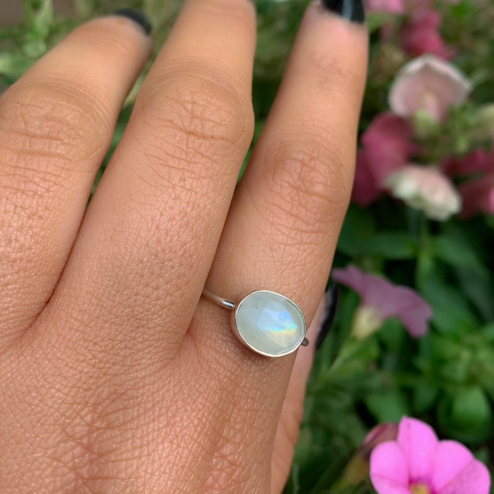 Rose Cut Moonstone Ring - Size 8 - Sterling Silver - Faceted Moonstone Ring - Dainty Rainbow Moonstone Ring - Oval Moonstone Jewellery OOAK