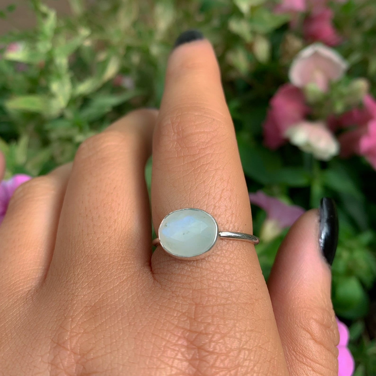 Rose Cut Moonstone Ring - Size 8 - Sterling Silver - Faceted Moonstone Ring - Dainty Rainbow Moonstone Ring - Oval Moonstone Jewellery OOAK