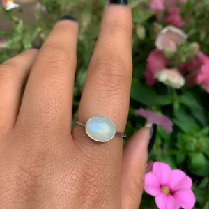 Rose Cut Moonstone Ring - Size 8 - Sterling Silver - Faceted Moonstone Ring - Dainty Rainbow Moonstone Ring - Oval Moonstone Jewellery OOAK