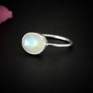 Rose Cut Moonstone Ring - Size 8 - Sterling Silver - Faceted Moonstone Ring - Dainty Rainbow Moonstone Ring - Oval Moonstone Jewellery OOAK