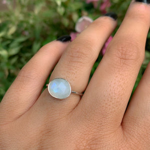 Rose Cut Moonstone Ring - Size 5 1/4 - Sterling Silver - Faceted Moonstone Ring - Dainty Rainbow Moonstone Ring - Oval Moonstone Jewellery