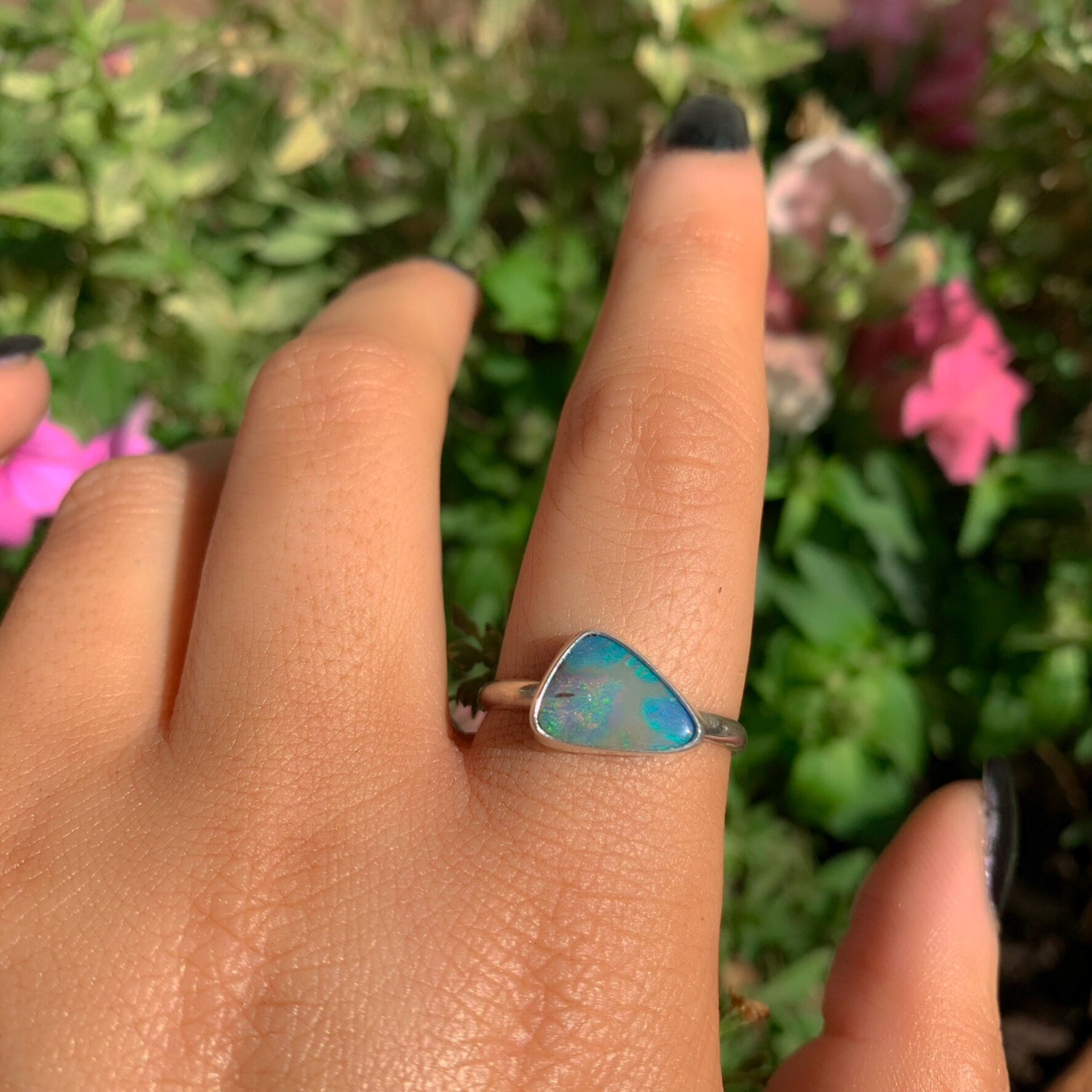 Australian Boulder Opal Ring - Size 10 1/4 - Sterling Silver - Lightning Ridge Opal Ring, Dainty Opal Jewelry, Solid Australian Opal Jewelry