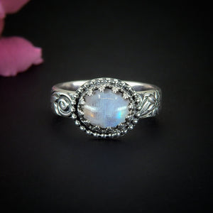 Moonstone Ring - Size 7 3/4 - Sterling Silver - Blue Moonstone Jewelry - Flashy Moonstone Jewellery - Moonstone Floral Thick Ring Band OOAK