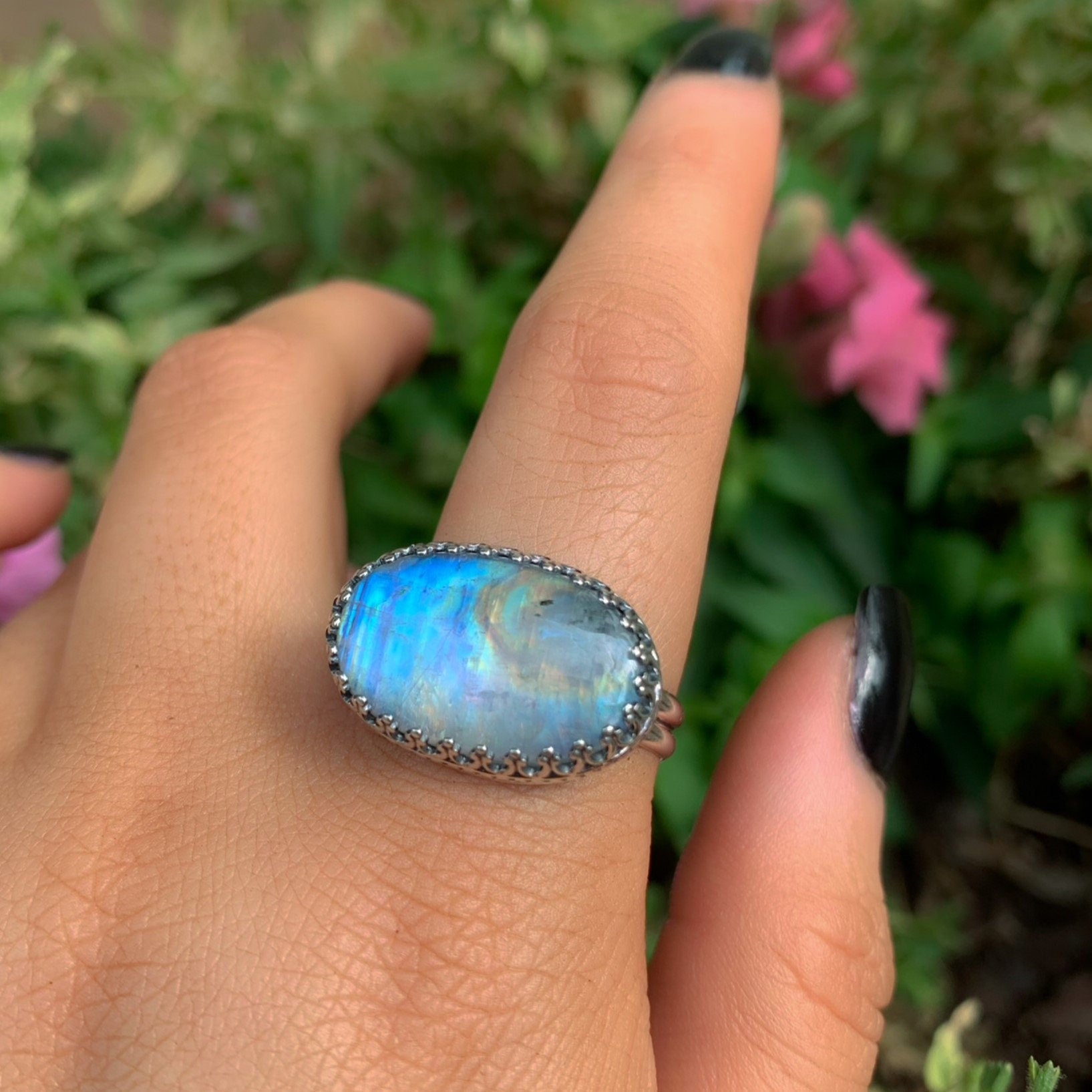 Moonstone Ring - Size 11 1/4 - Sterling Silver - Rainbow Moonstone Jewelry - High Grade Moonstone Jewellery - Moonstone Thick Ring Band OOAK