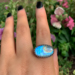 Moonstone Ring - Size 11 1/4 - Sterling Silver - Rainbow Moonstone Jewelry - High Grade Moonstone Jewellery - Moonstone Thick Ring Band OOAK