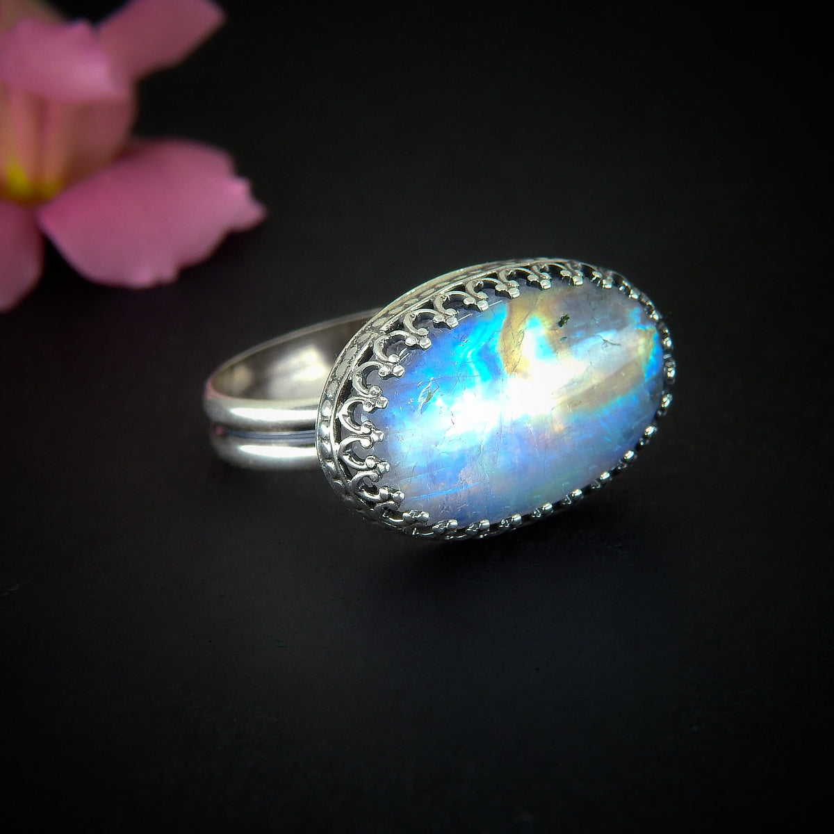 Moonstone Ring - Size 11 1/4 - Sterling Silver - Rainbow Moonstone Jewelry - High Grade Moonstone Jewellery - Moonstone Thick Ring Band OOAK