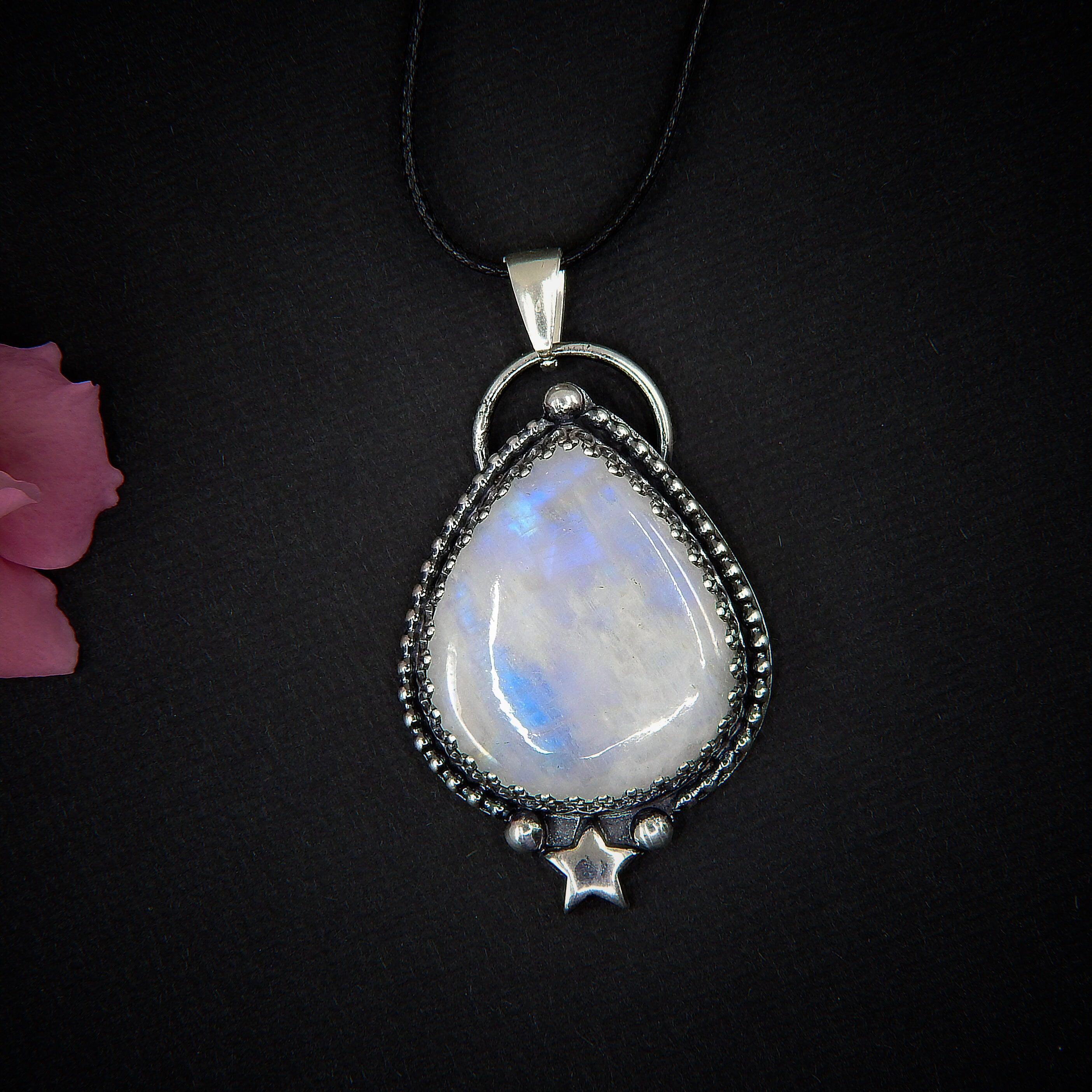 Moonstone Pendant - Sterling Silver - Teardrop Moonstone Necklace - Rainbow Moonstone Star Pendant - Handcrafted Large Moonstone Jewellery