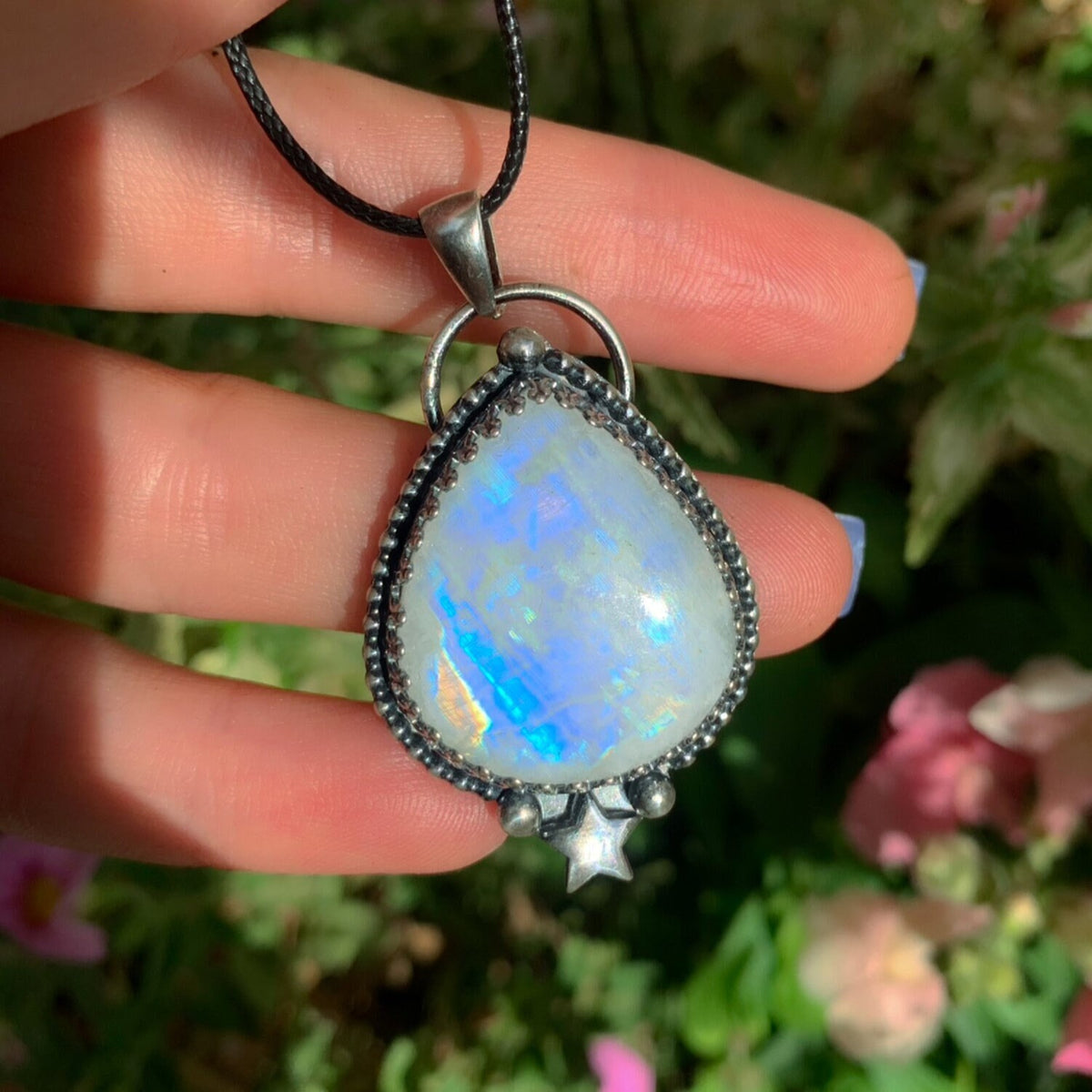 Moonstone Pendant - Sterling Silver - Teardrop Moonstone Necklace - Rainbow Moonstone Star Pendant - Handcrafted Large Moonstone Jewellery