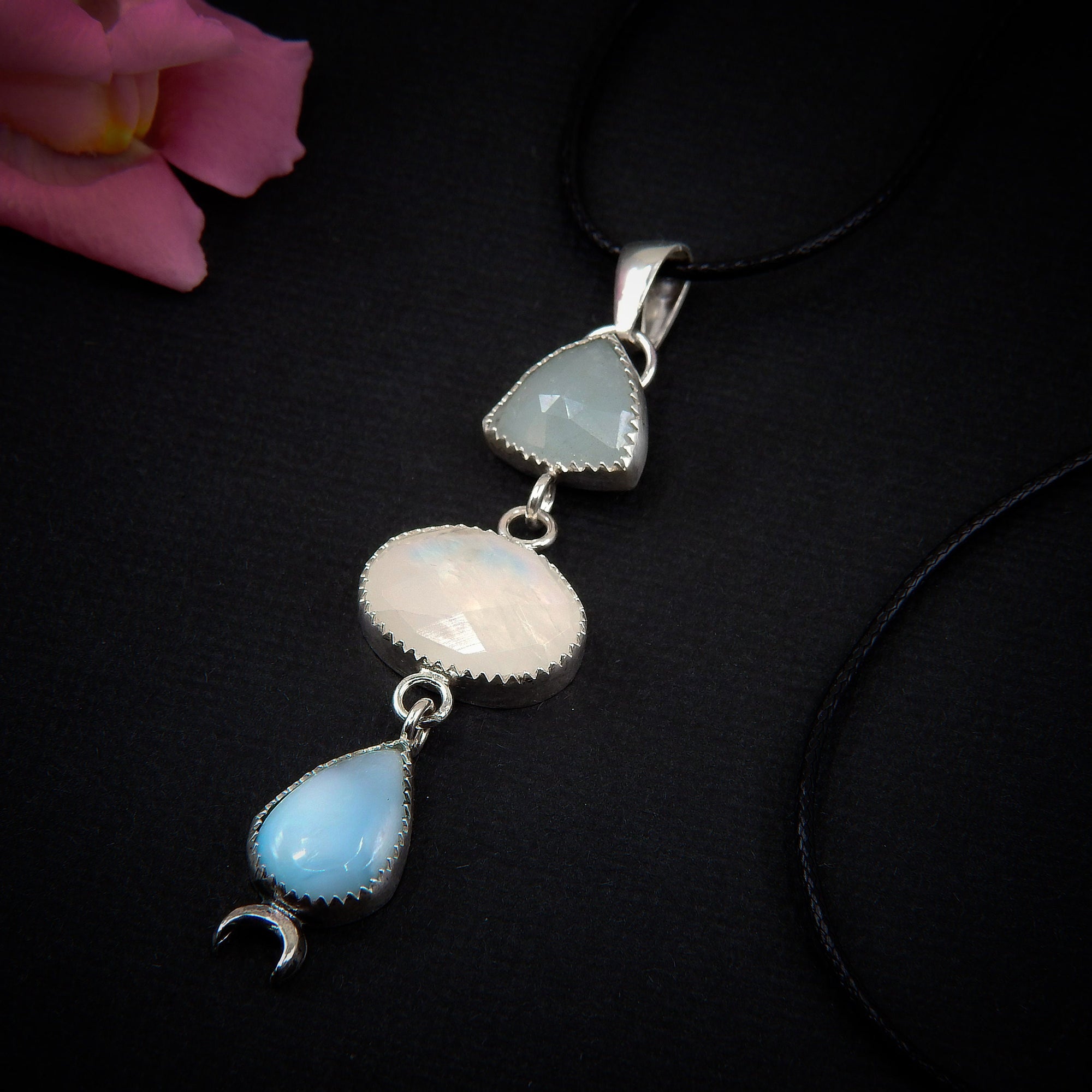 Aquamarine, Moonstone & Larimar Pendant - Sterling Silver - Triple Stone Moon Pendant - Moonstone Pendant - Rose Cut Aquamarine Necklace