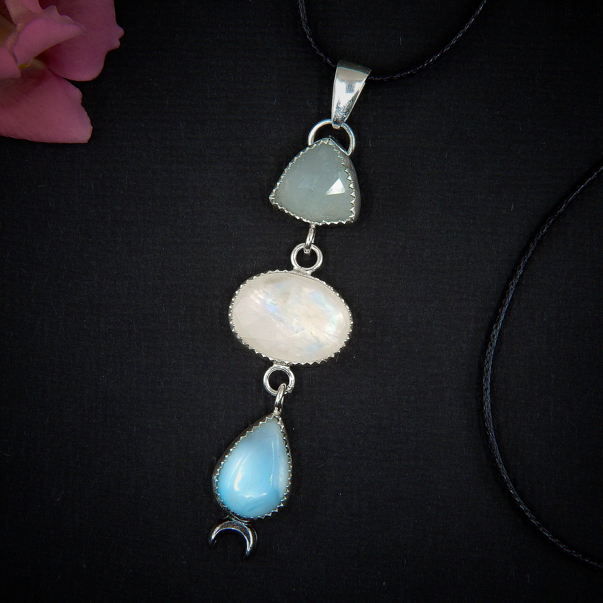 Aquamarine, Moonstone & Larimar Pendant - Sterling Silver - Triple Stone Moon Pendant - Moonstone Pendant - Rose Cut Aquamarine Necklace