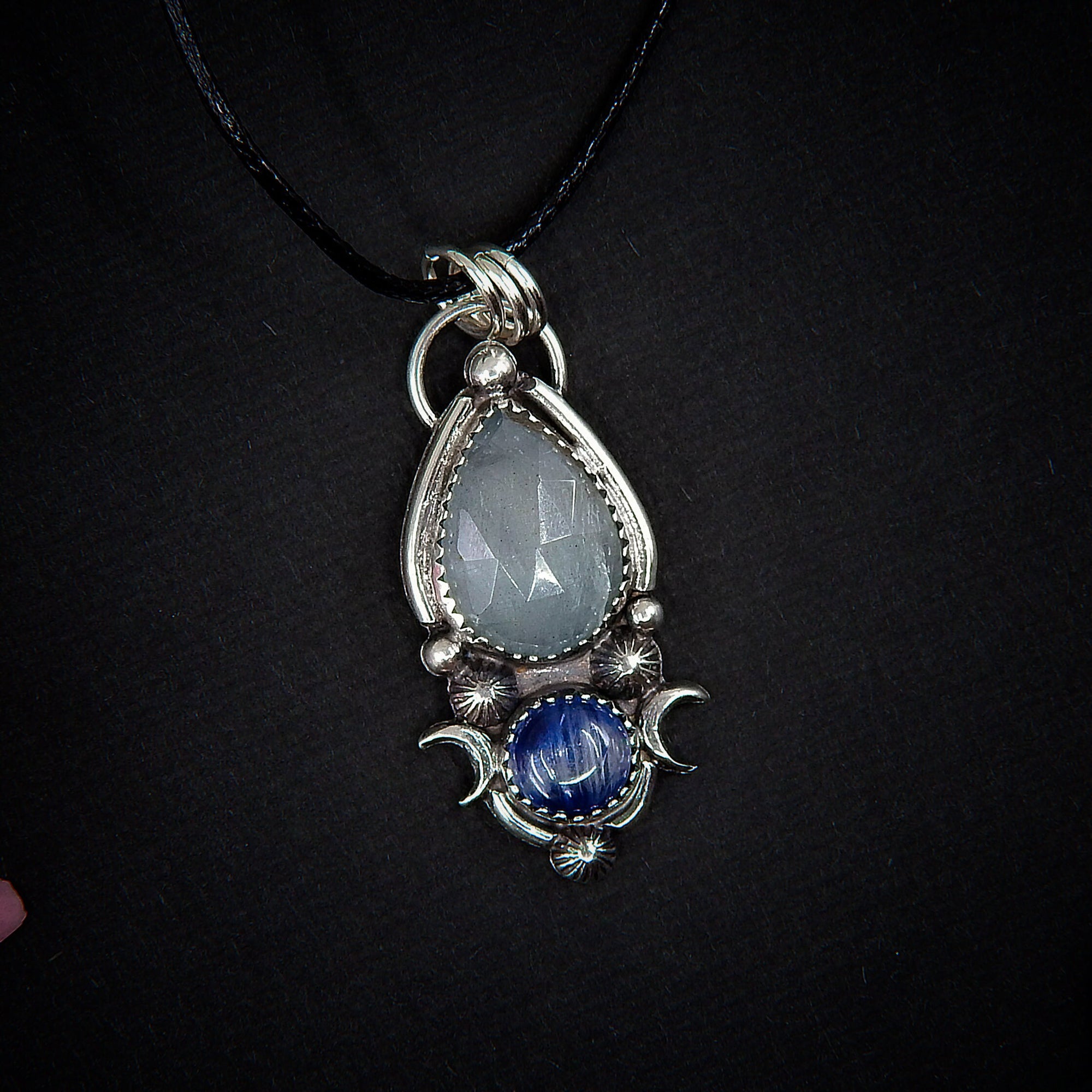 Rose Cut Aquamarine & Kyanite Pendant - Sterling Silver - Faceted Aquamarine Pendant - Crescent Moon Necklace - Double Stone Jewellery OOAK