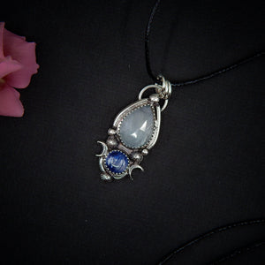 Rose Cut Aquamarine & Kyanite Pendant - Sterling Silver - Faceted Aquamarine Pendant - Crescent Moon Necklace - Double Stone Jewellery OOAK