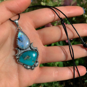 Kingman Turquoise & Moonstone Pendant - Sterling Silver - Blue Kingman Turquoise Pendant - Crescent Moon Necklace - Double Stone Amulet