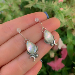 Angel Aura Quartz Earrings - Sterling Silver - Pastel Rainbow Crystal Earrings - Aura Quartz Moon Earrings - Rainbow Gemstone Dangles OOAK -