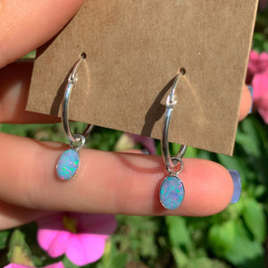 Australian Opal Earrings - Sterling Silver - Rainbow Opal Hoop Earrings - Blue Opal Sleeper Earrings, Coober Pedy Opal Hoops, Opal Sleepers
