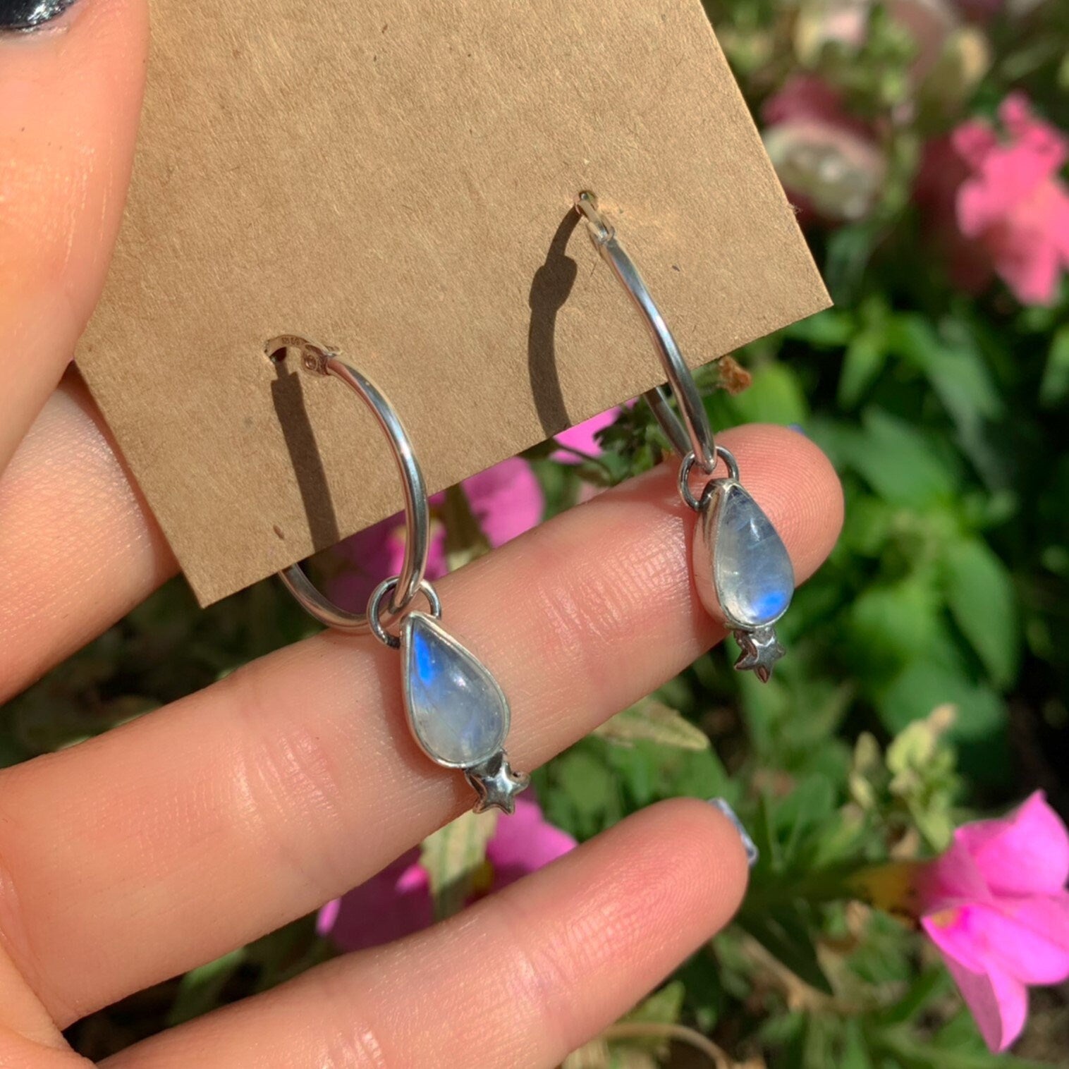 Moonstone Earrings - Sterling Silver - Moonstone Hoop Earrings - Moonstone Star Sleeper Earrings, Moonstone Hoops, Star Moonstone Sleepers